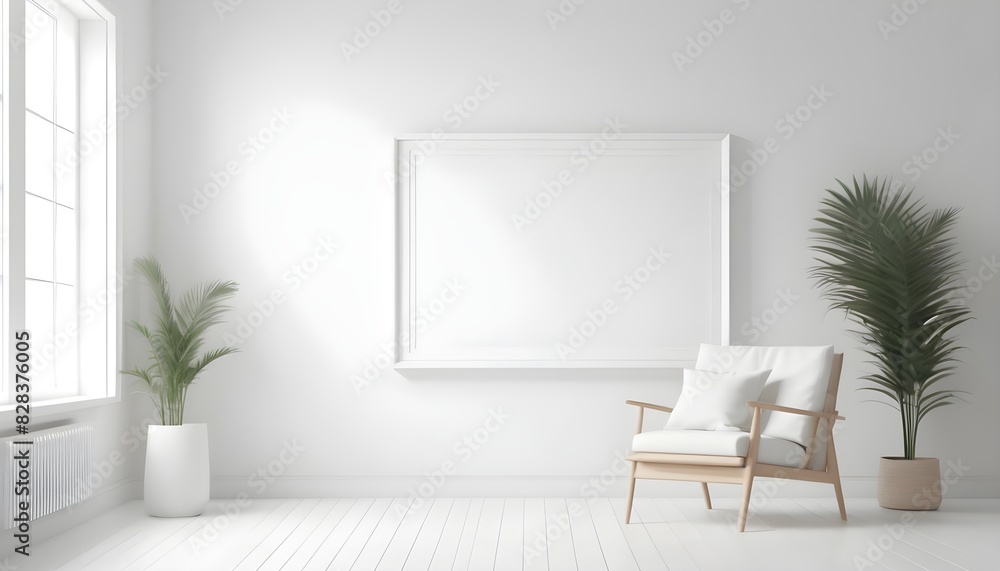Mock up frame in white home interior background, bright room with minimal decor, 3d render Mock up frame in white home interior background, bright room with minimal decor, 3d render