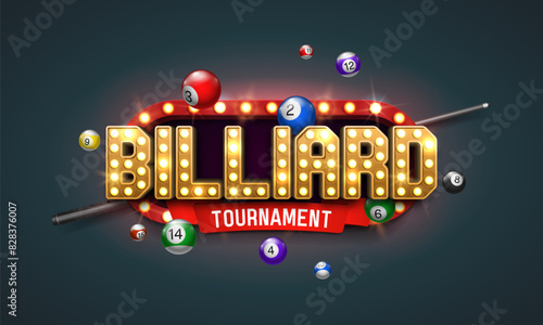 Billiard tournament banner with cue and colorful balls. Poster for sports championship. Vector illustration.