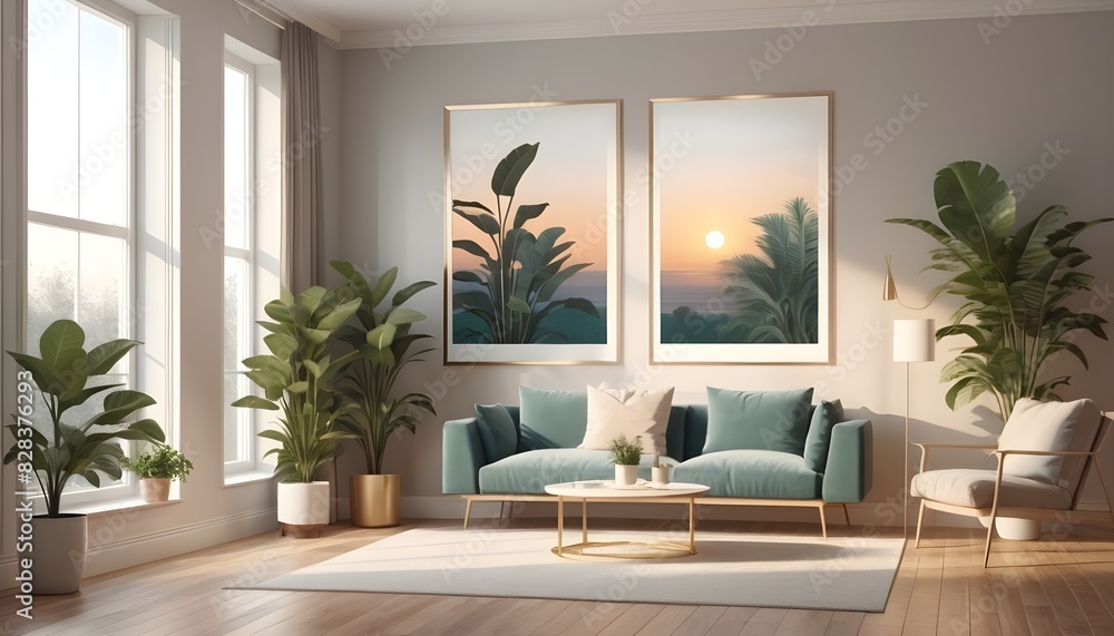 Fototapeta premium White poster frame mockup in modern living room interior design, 3d rendering