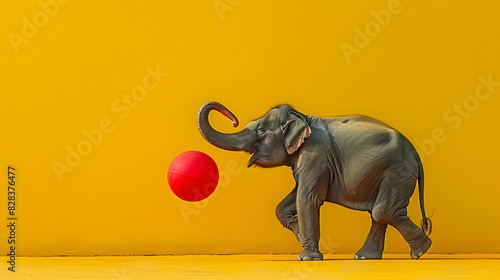 An elephant engages with a red ball in a yellow room Surrounding the scene is a yellow wall as the backdrop
