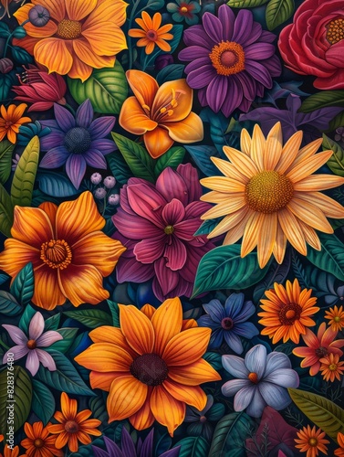 Vibrant Painting of Colorful Flowers and Leaves
