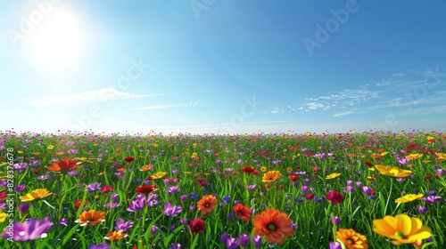 A picturesque meadow covered in a mix of colorful flowers, illuminated by the soft, early light of sunrise, with the sky transitioning from night to day.