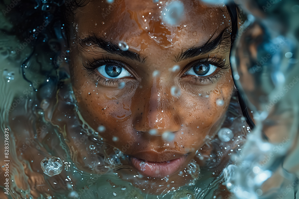 Portrait of dark skinned young woman in sea tide. View from above. Top view. Wet face. Portrait of dark skinned young woman in sea tide. View from above. Top view. Wet face.