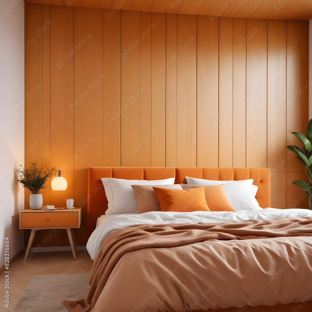 Scandinavian bedroom close up, paneled wall mock up, 3d render Scandinavian bedroom close up, paneled wall mock up, 3d render