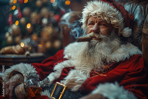 Portrait of a gray-bearded Santa Claus smoking a cigar and holding a bottle of whiskey	