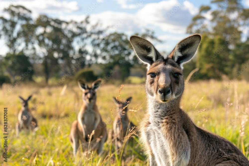 Group of kangaroos grazing in a grassy field. Suitable for nature and wildlife concepts Group of kangaroos grazing in a grassy field. Suitable for nature and wildlife concepts