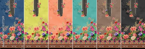 Suit Kurtid Digital Design Motif Flower Colorful Stock Illustration Pakistani Kurti photo