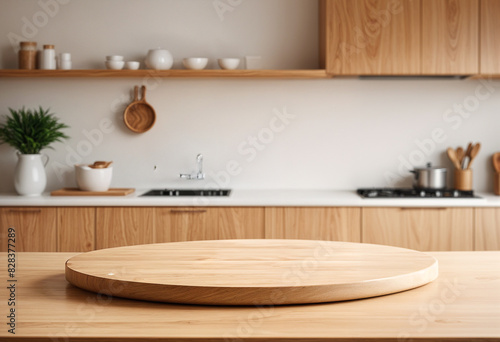 Wooden table on blurred kitchen bench background.