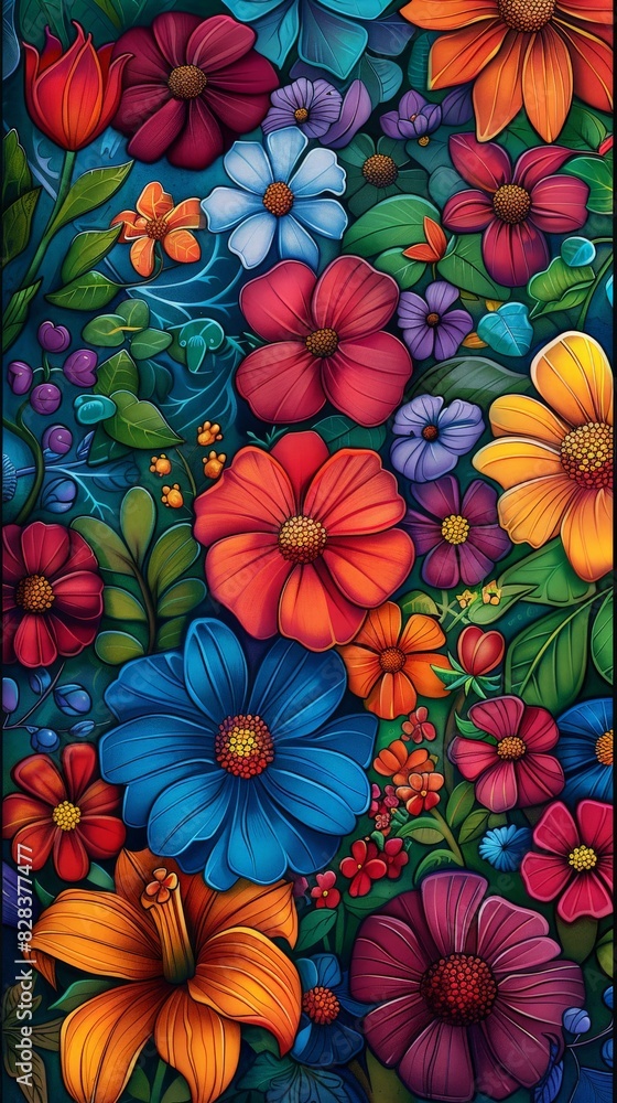 Colorful Flowers Painting on Black Background Colorful Flowers Painting on Black Background