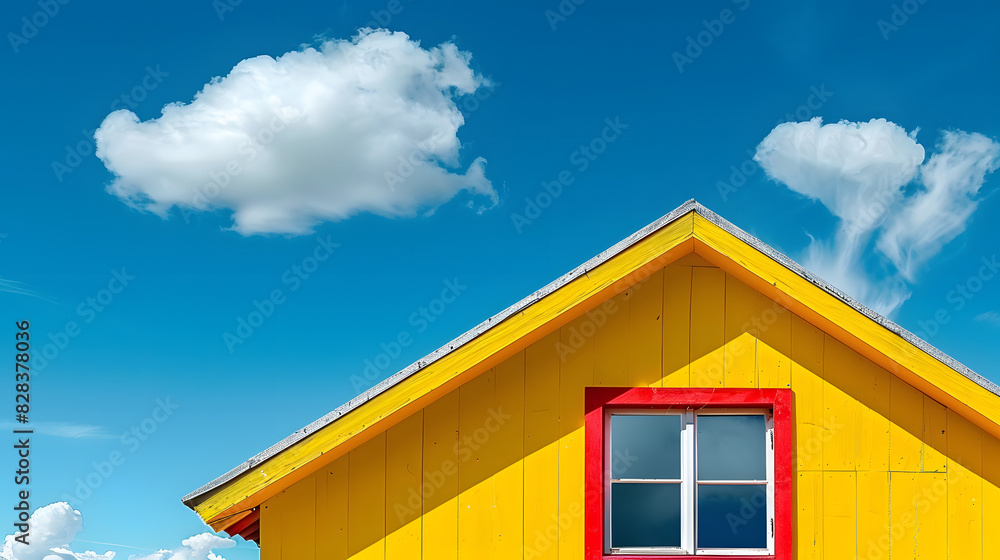 A yellow house with a red window and a blue sky adorned with white clouds in the background A yellow house with a red window and a blue sky adorned with white clouds in the background