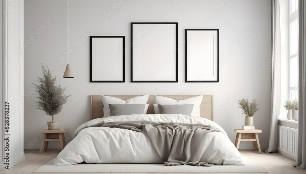 Blank frames in scandinavian style bedroom interior, home interior, 3d rendering Blank frames in scandinavian style bedroom interior, home interior, 3d rendering