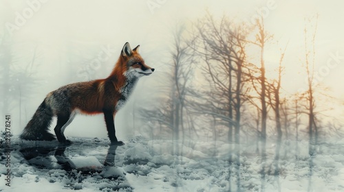 Winter Solitude Fox in Crisp Snowy Forest Double Exposure Silhouette photo