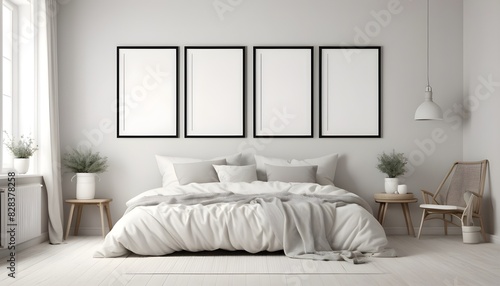 Blank frames in scandinavian style bedroom interior, home interior, 3d rendering © Eyeam