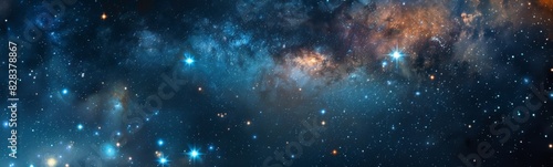 Starry sky with a cluster of stars and a bright blue nebula photo