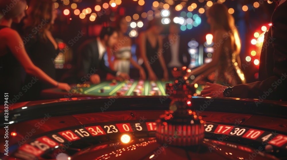A luxurious night casino with bright lights, a roulette table, glamorous people dressed in elegant outfits. A luxurious night casino with bright lights, a roulette table, glamorous people dressed in elegant outfits.