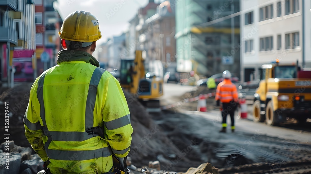 Closeup Photo of Construction Worker in Light Green Safety Jacket and Helmet Standing on Construction Site with One Hand on Waist Closeup Photo of Construction Worker in Light Green Safety Jacket and Helmet Standing on Construction Site with One Hand on Waist