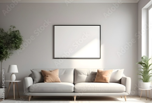 blank picture frame mock up in modern light living room interior with sofa, 3d visualization