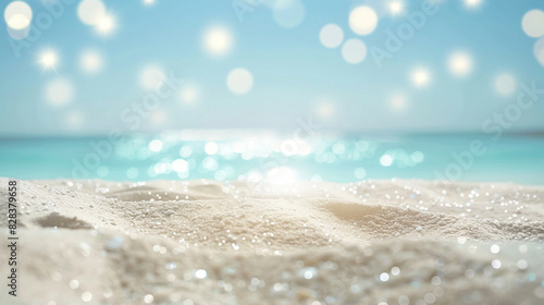 Serene light blue sky and warm sands under twinkling bokeh lights create a tranquil haven.