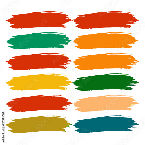 A variety of colorful paint brush strokes displayed on a plain white background
