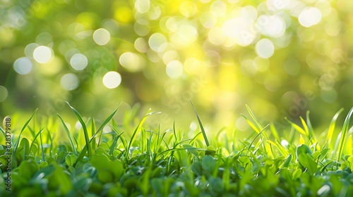 A fresh spring sunny garden background of green grass and blurred foliage bokeh