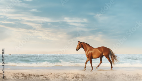 Brown horse running on the beach by the ocean