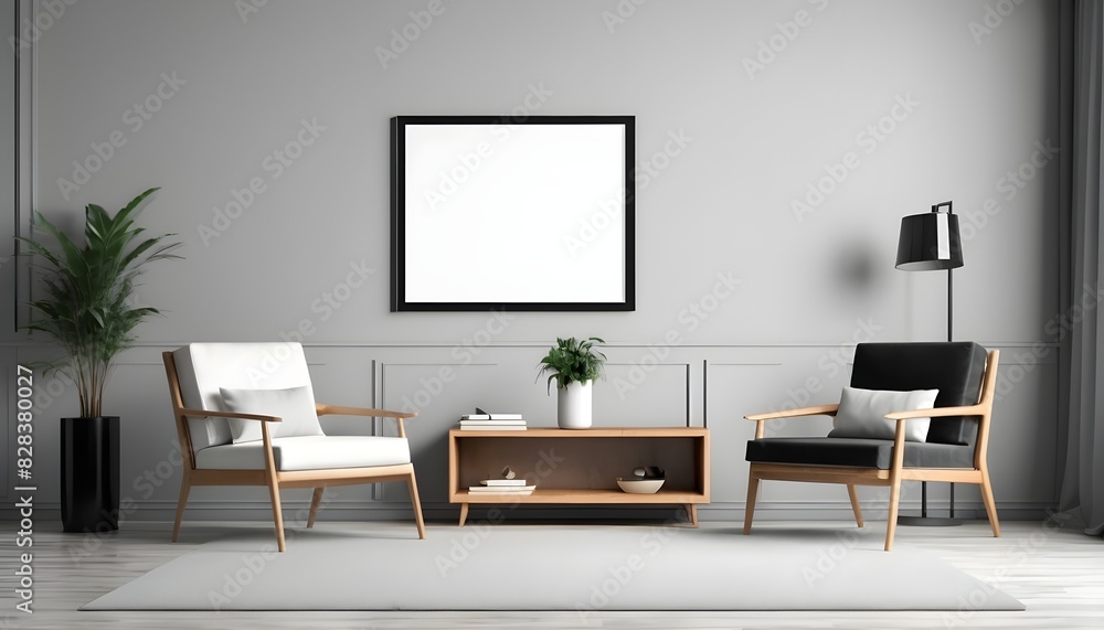 Empty picture frame mock up in modern room interior with armchair and console Empty picture frame mock up in modern room interior with armchair and console