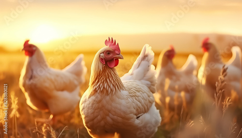 Free-range chickens in an eco farm at sunset