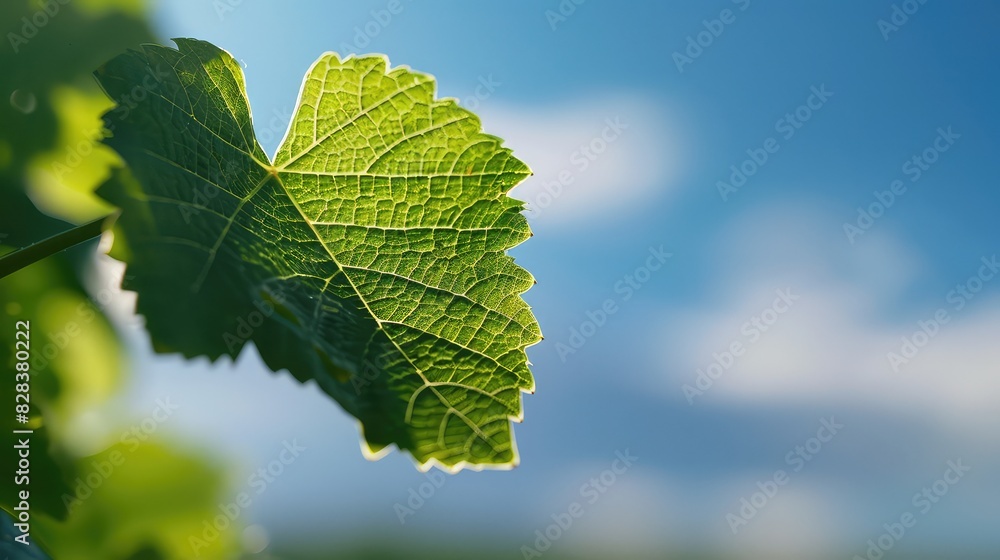 a close up of green leaf, blurred sky on the background