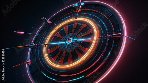 A neon-lit dartboard with glowing rings and multiple darts, including some that have missed the center. The vibrant colors and futuristic design create a striking visual effect.