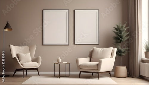 Big poster picture blank frame in modern home interior, beige tones