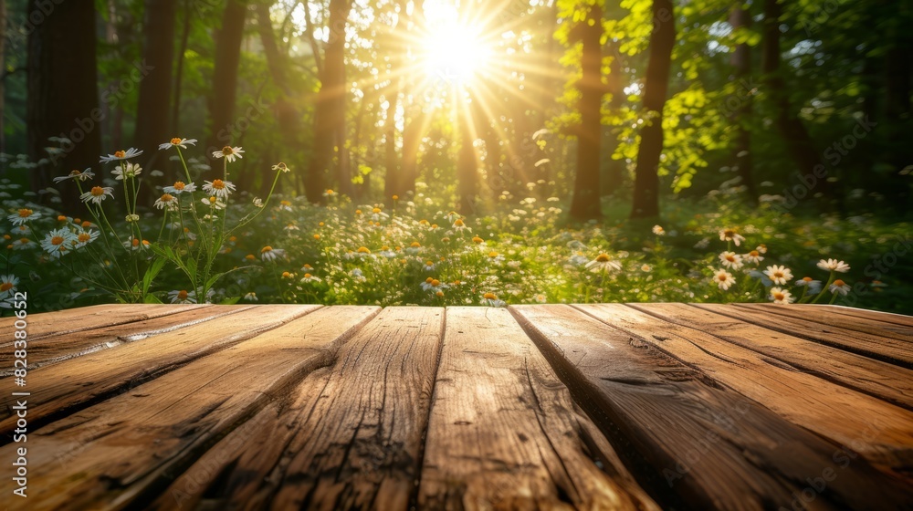 An empty wooden table in springtime in sunny rays. An empty wooden table in springtime in sunny rays.