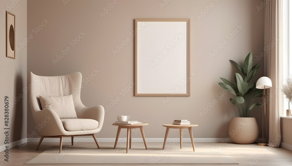 Fototapeta premium Big poster picture blank frame in modern home interior, beige tones