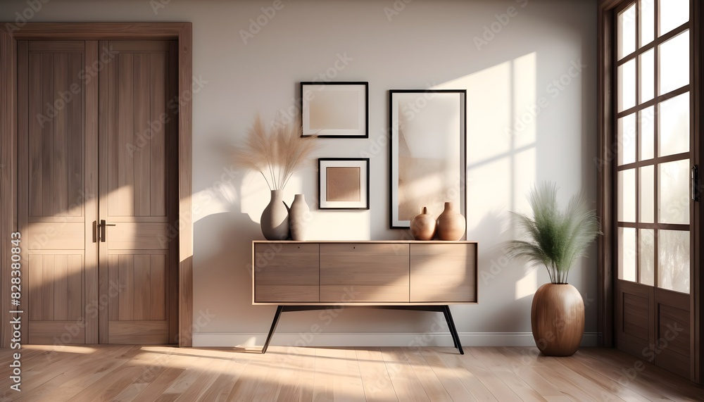 Modern room interior, console table with decor near wall with sunlight, wood and glass doors and wooden floor, 3d visualization Modern room interior, console table with decor near wall with sunlight, wood and glass doors and wooden floor, 3d visualization