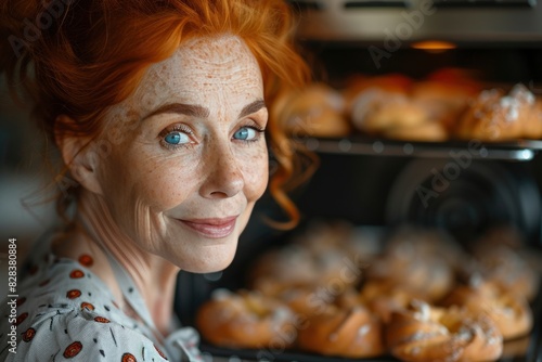 happy woman with red hair work in bakery. small business concept. authenticity and uniqueness style