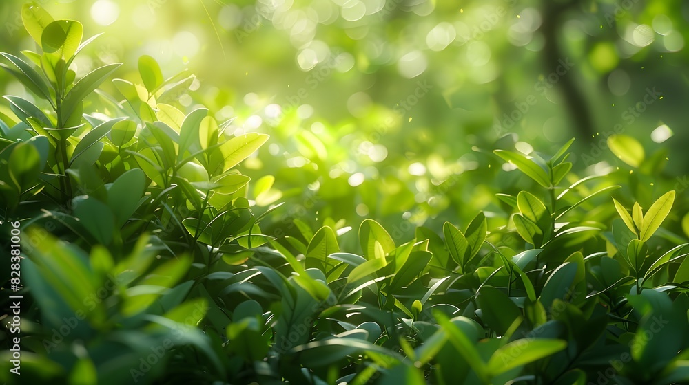 Obraz premium A fresh spring sunny garden background of green grass and blurred foliage bokeh