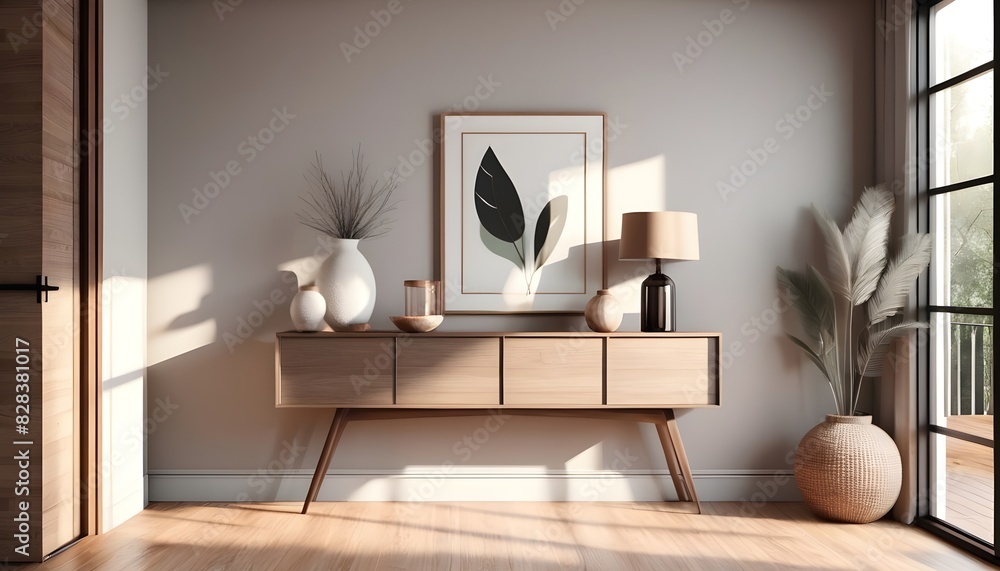 Modern room interior, console table with decor near wall with sunlight, wood and glass doors and wooden floor, 3d visualization Modern room interior, console table with decor near wall with sunlight, wood and glass doors and wooden floor, 3d visualization
