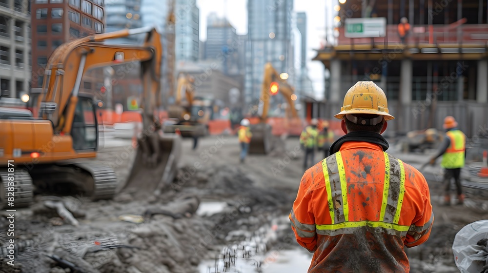 Professional Photo of Construction Worker in Orange Safety Jacket and Helmet Standing on Construction Site with Hands Clasped Behind Back Professional Photo of Construction Worker in Orange Safety Jacket and Helmet Standing on Construction Site with Hands Clasped Behind Back