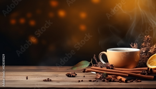 Hot mulled wine or tea on black background photo