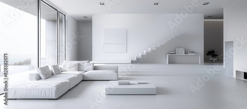 Minimalist living room in white color with a white futon, an open floor plan, and minimalistic shelving units