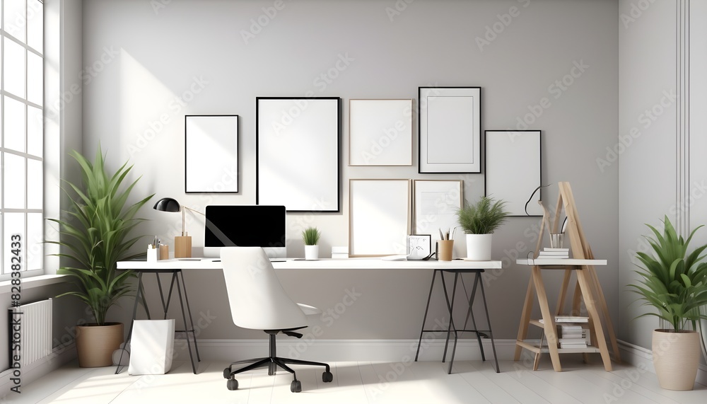 Workplace, office mockup with decoration in bright interior, 3d rendering Workplace, office mockup with decoration in bright interior, 3d rendering