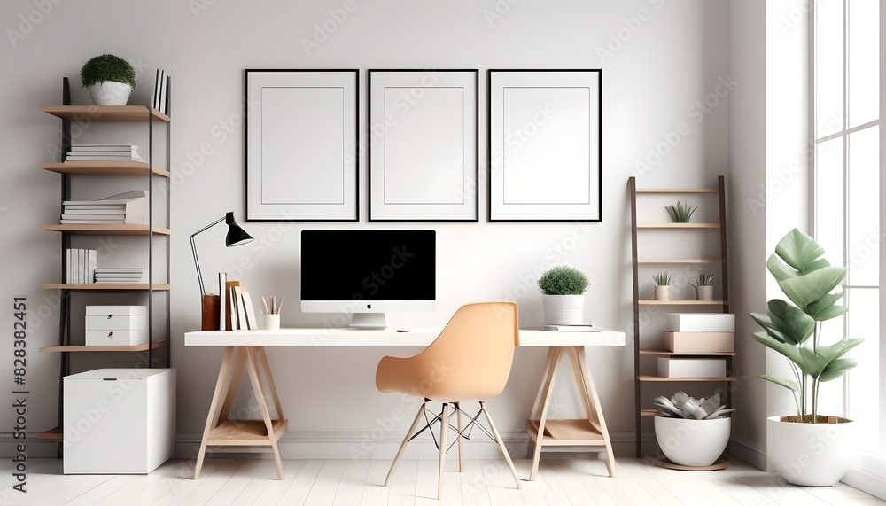 Obraz premium Workplace, office mockup with decoration in bright interior, 3d rendering