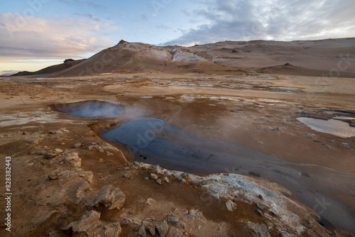 Hverir geothermal area and hot springs in the north east of iceland in summer
