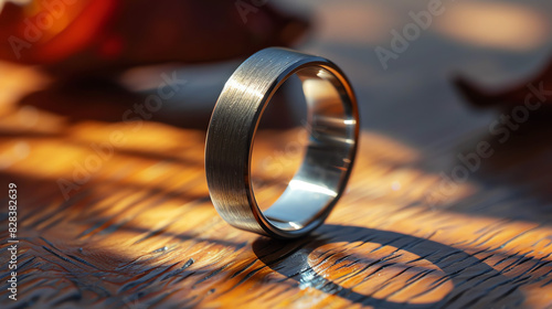 A silver ring with a brushed finish is sitting on a wooden table. The background is blurry and looks like there are leaves in the background.