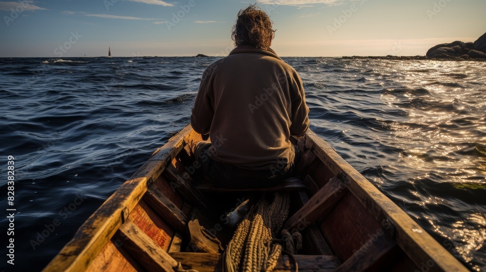 Fototapeta premium Fisherman at sea in wooden boat