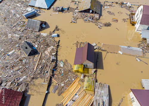 Canvas Print flood in the spring in the suburbs of a large city with flooding of the private