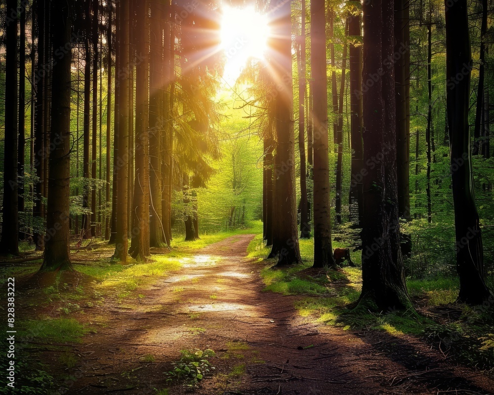 Obraz premium Tranquil sunlit forest path with reflective trees and serene nature scenery