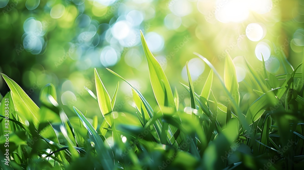 Obraz premium A fresh spring sunny garden background of green grass and blurred foliage bokeh