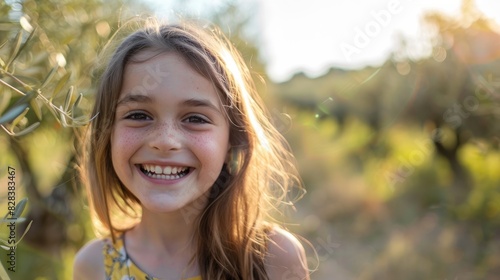 Girl with no teeth smiling for a camera among olive tree field