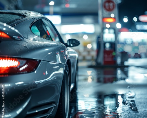 Silver car being refueled at night gas station with selective focus and blurry background © Mikhail Vorobev