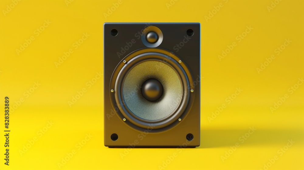 One powerful music speaker on a smooth yellow background in the very center of the composition. One powerful music speaker on a smooth yellow background in the very center of the composition.